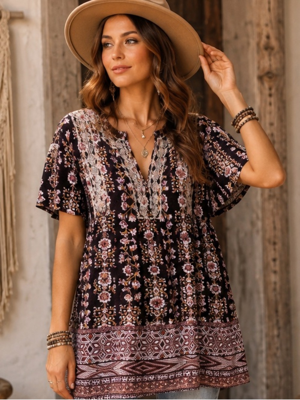 Knox Rose Small Boho Floral‎ Embroidered Tunic Top